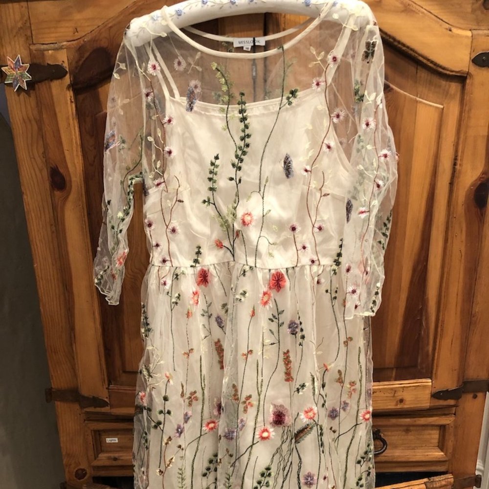 Embroidered cream overlay dress sz L